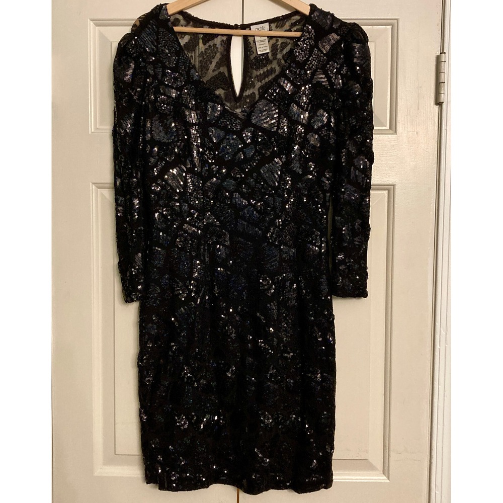 Cache Sequined Long Sleeve Cocktail Bodycon Dress‎ Black Womens Size 6